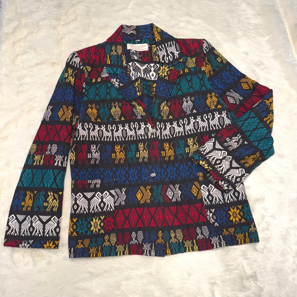 Mayan Hand Woven Cotton Blazer Guatemala Multi Color Geometric Bird Jacket